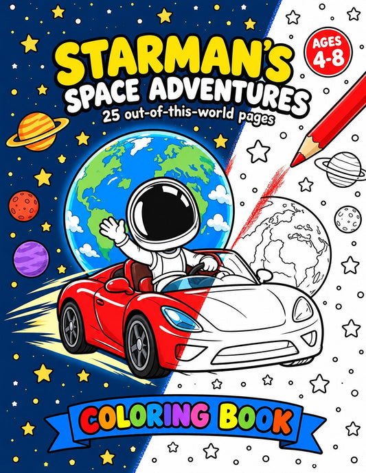Starman's Space Adventures coloring book cover – Starman driving a red convertible through space